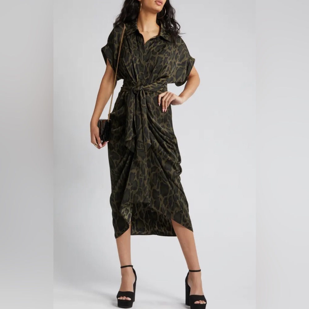 Steve Madden Size 4 Olive Green Satin Leopard Print Midi Dress Mafia Aesthetic